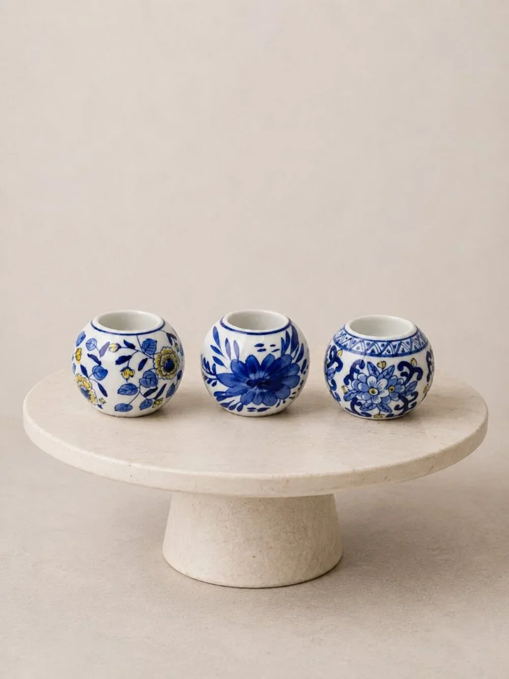 Set of 3 Blue & White Floral Ceramic Votive Candle Holders Tea Light Globes